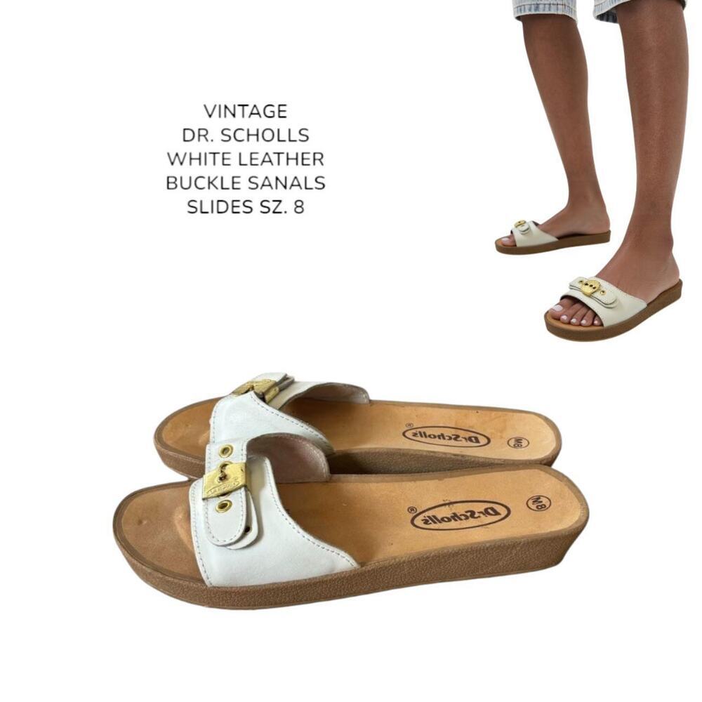 VTG. DR. SCHOLL'S WHITE LEATHER‎ BUCKLE SANDALS SLIDES SIZE 8.